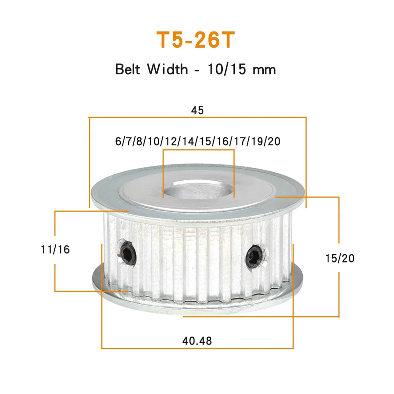 Bevel Gear Pinion Hardware Mechanical Pulley Wheel T5-26T Bore Size 6/7/8/10/12/14/15/16/17/19/20mm Alloy Pulley Teeth Pitch 5mm Width 11mm(10mm)