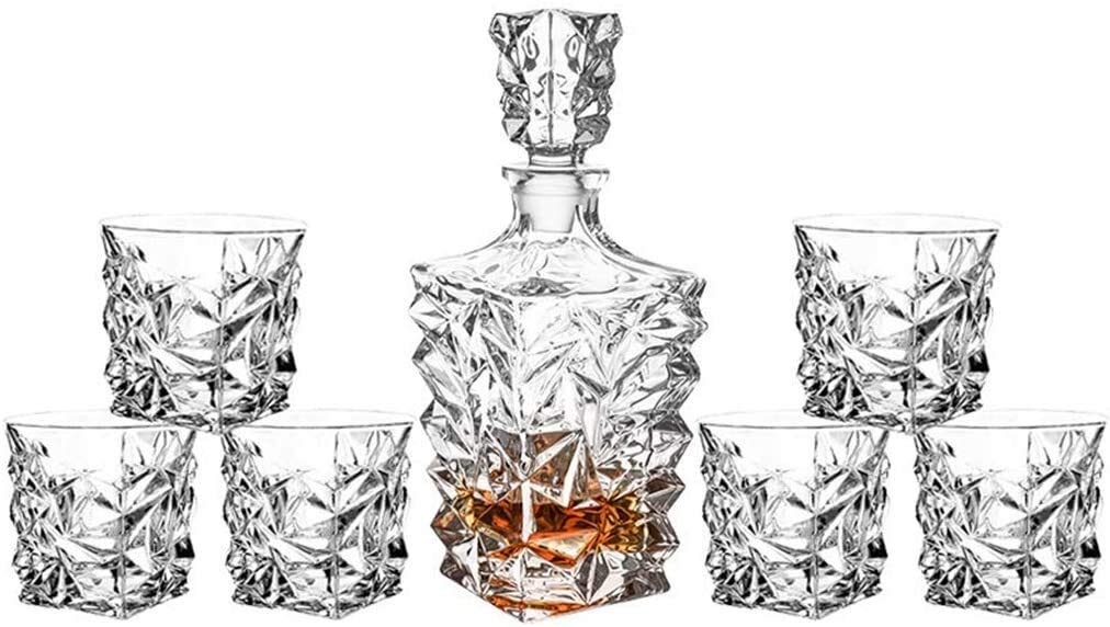 Karafka do wina i whisky, bezołowiowe kryształowe kubki, ergonomicznie zaprojektowane kubki, gruba ścianka ciężka podstawa (M)