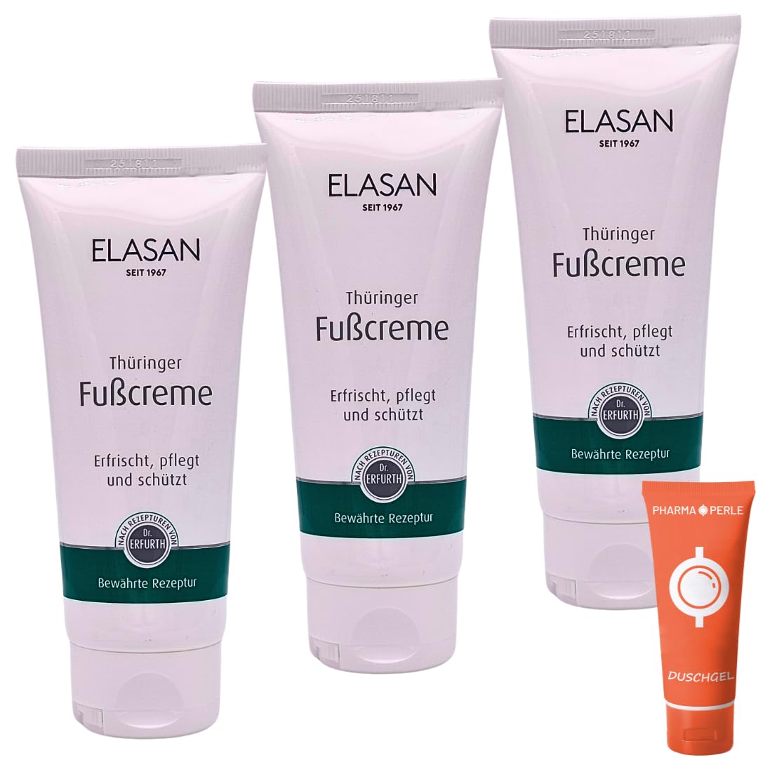 ELASAN Thüringer Fußcreme 3x 100 ml I mit Urea, Latschenkiefer-, Rosmarin- & Kokosöl I feuchtigkeitsspendend I bei Diabetes geeignet I für trockene Haut, Hornhaut I Sar-Set plus Pharma Perle give-away