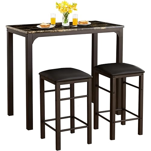 VECELO Bar Table Stools, 3 Pieces Rectangular Kitchen Height Pub Tabletop Living Party Room Bistro, Dining Set for 2, Retro Blk