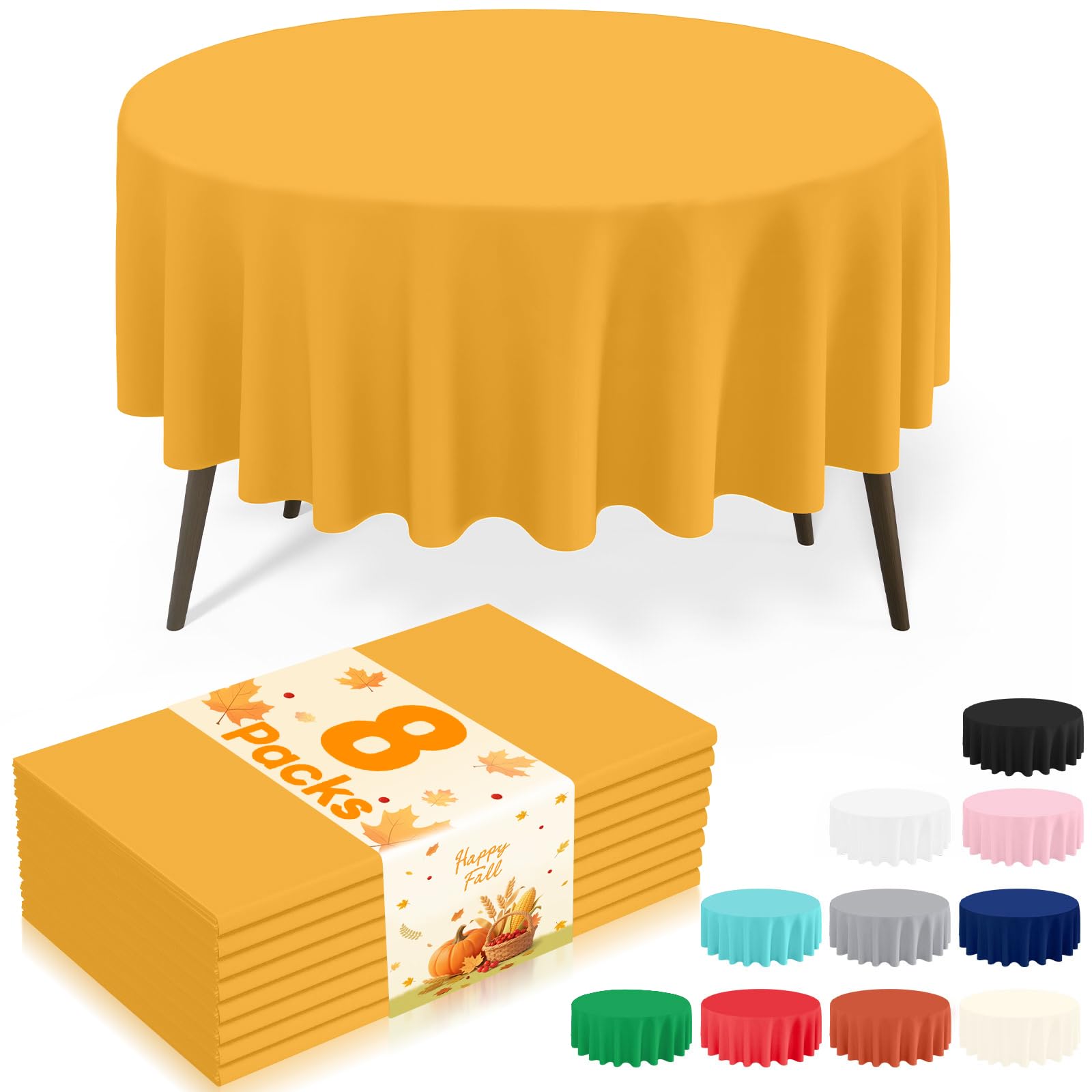 misaya 8 Packs Disposable Plastic Table Cloth, 84" Round Waterproof Tablecloth, Leakproof &amp; Sturdy Decorative Table Covers for Picnic, Party and Outdoor, Mustard Yellow