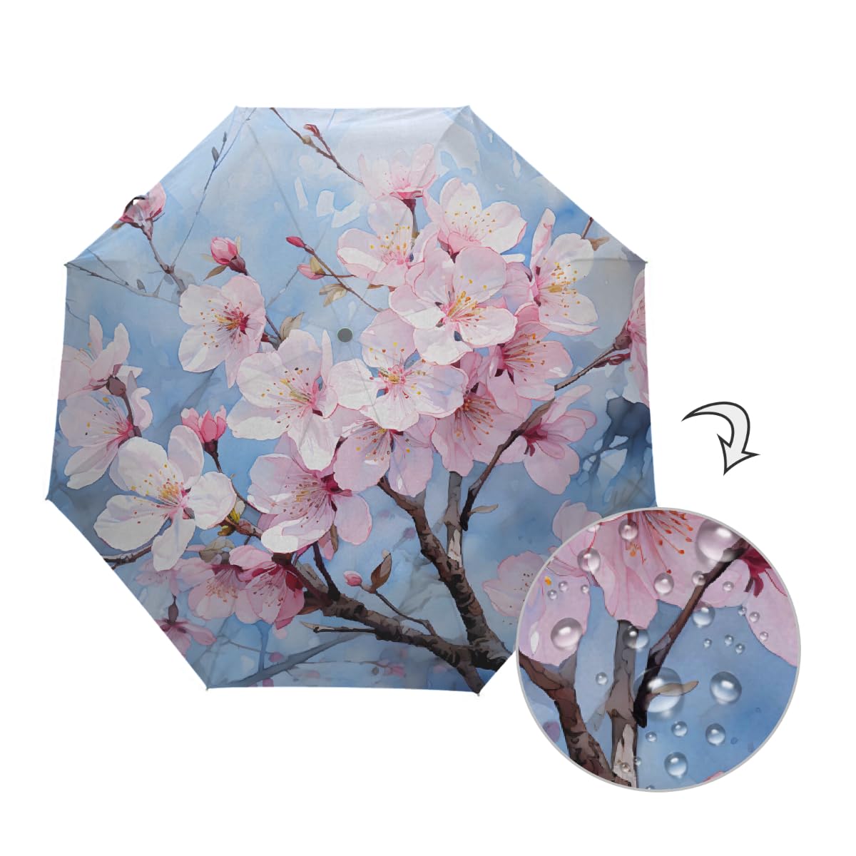 Ombrello pieghevole con albero di ciliegio dipinto a olio ombrello da viaggio compatto antivento impermeabile con protezione UV rivestimento nero leggero 8 coste portatile per pioggia sole