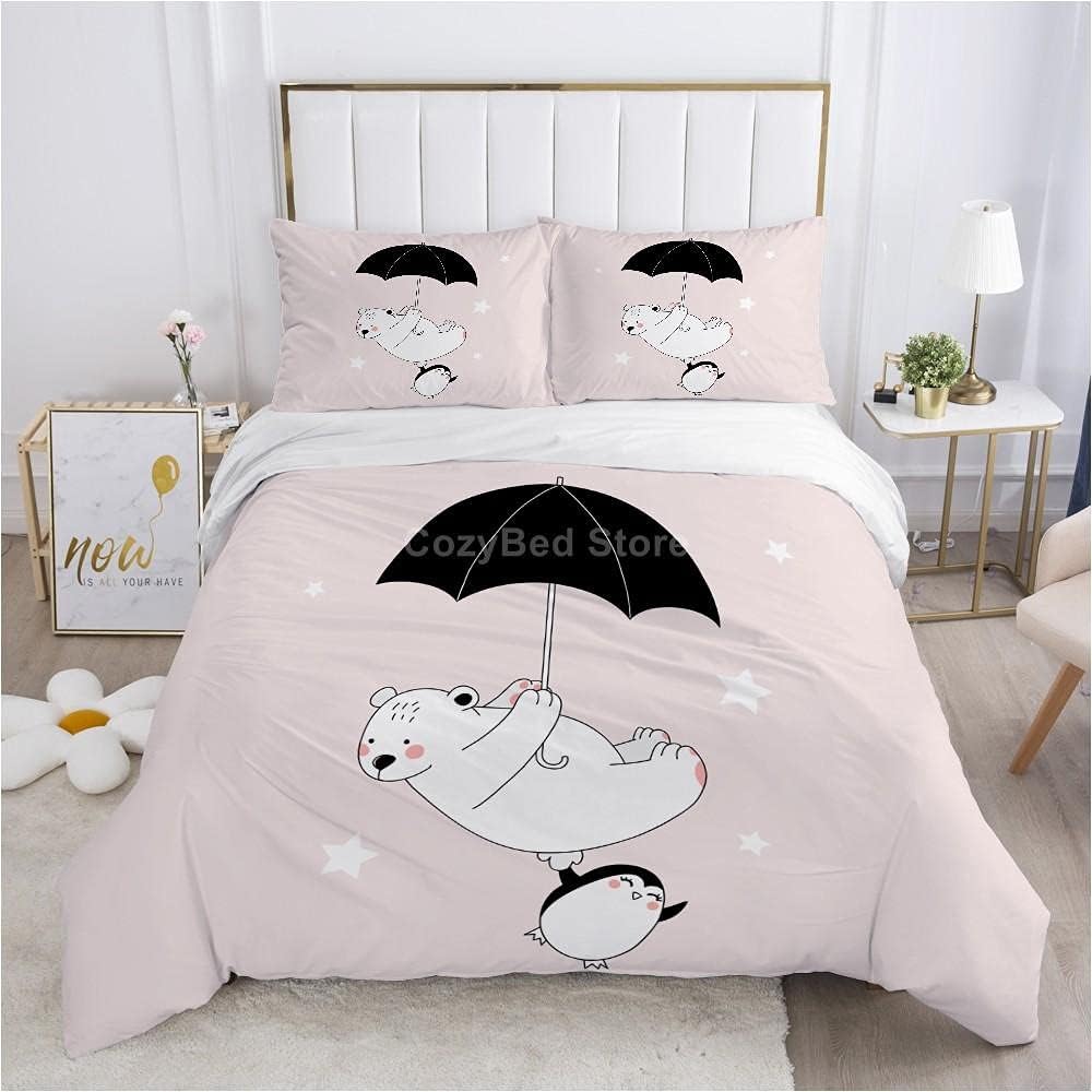 掛け布団カバー クイーンサイズ 白くま黒傘 寝具セット ベットカバー おしゃれ ピーチスキン 掛け布団