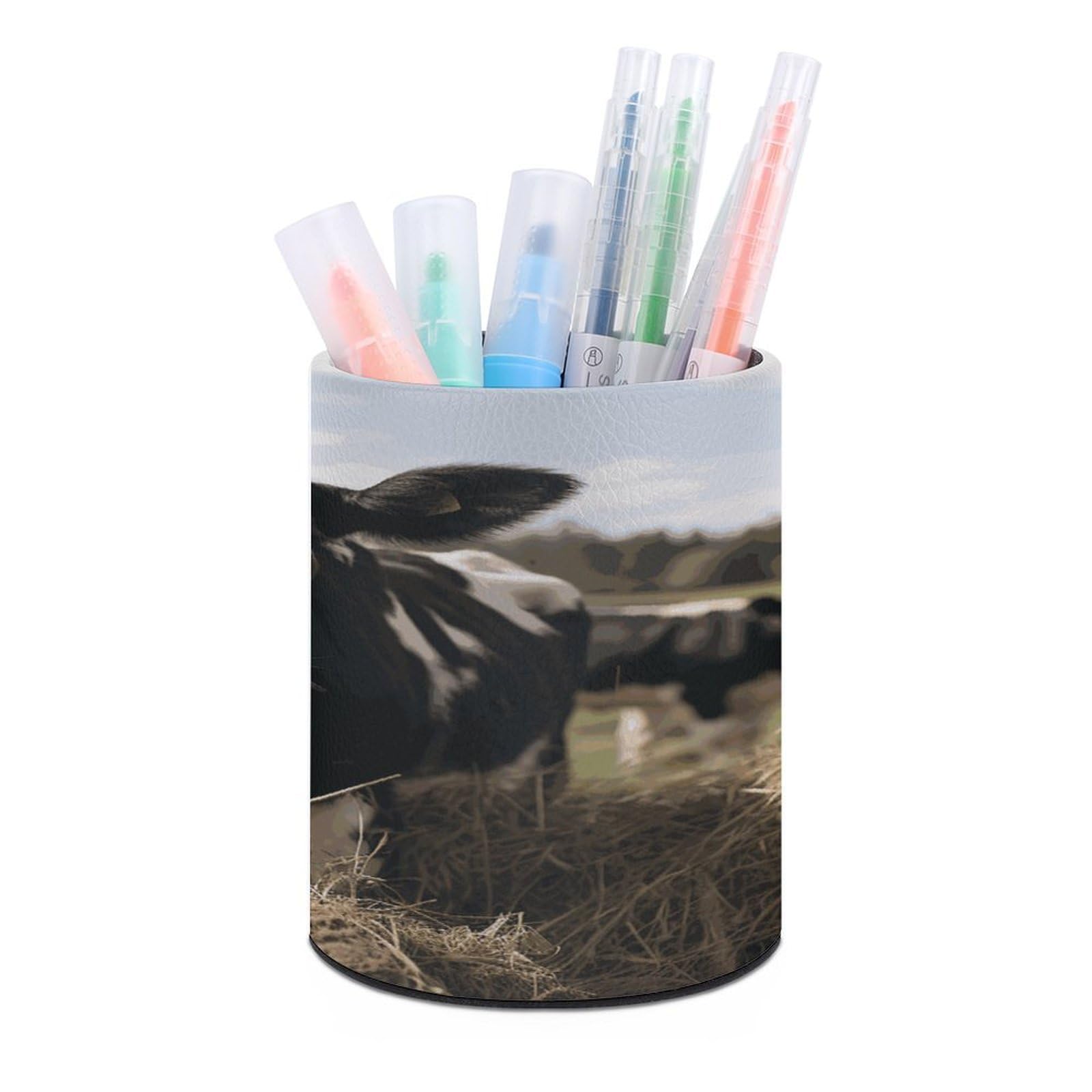 MUSM Cute Cows Pen Holder Large Capacity Pen Holder Modern PU Pencil Holders Durable Waterproof Pens Cup for Home Office Desktop Organizer