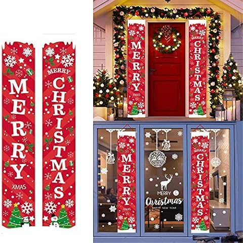 MEEQIAO Christmas Porch Decorations, Merry Christmas Banner, Welcome Bright Red Xmas Porch Sign Hanging for Home, Wall, Door, Party Decor (Christmas) Cover