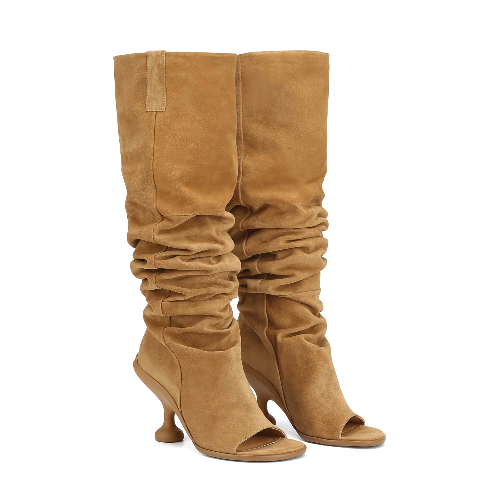 Womens Suede Knee High Boots Open Square Toe Pull On Slouchy Under the Knee Boots Wedge Heel Wide