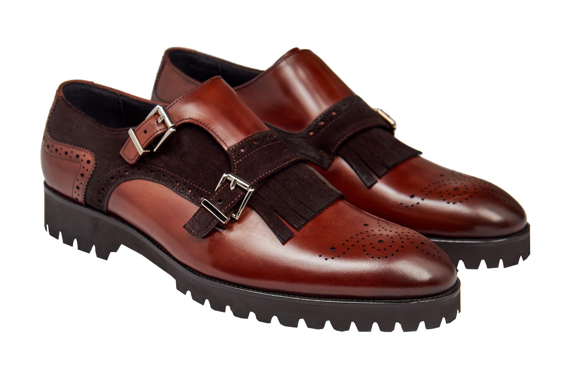 Zapatos de Hombre de Piel auténtica y Ante Hechos a Mano con Flecos y Doble Hebilla Brogue con Suela Dentada