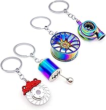 JZK 4x Metal auto parts models, car turbo turbocharger wheel hub gear shifter brake pad caliper keyring keychain key chain key ring, novelty gift present for man, car mechanic and enthusiast