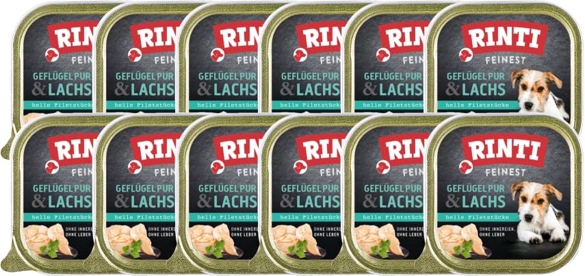 arelf Bundle RINTI-Feinest | Geflügel Pur & Lachs | 12 x 150g Nassfutter für kleine Hunde | fettarm & leicht verdaulich | inkl. Gratis Alpha Spirit Snack
