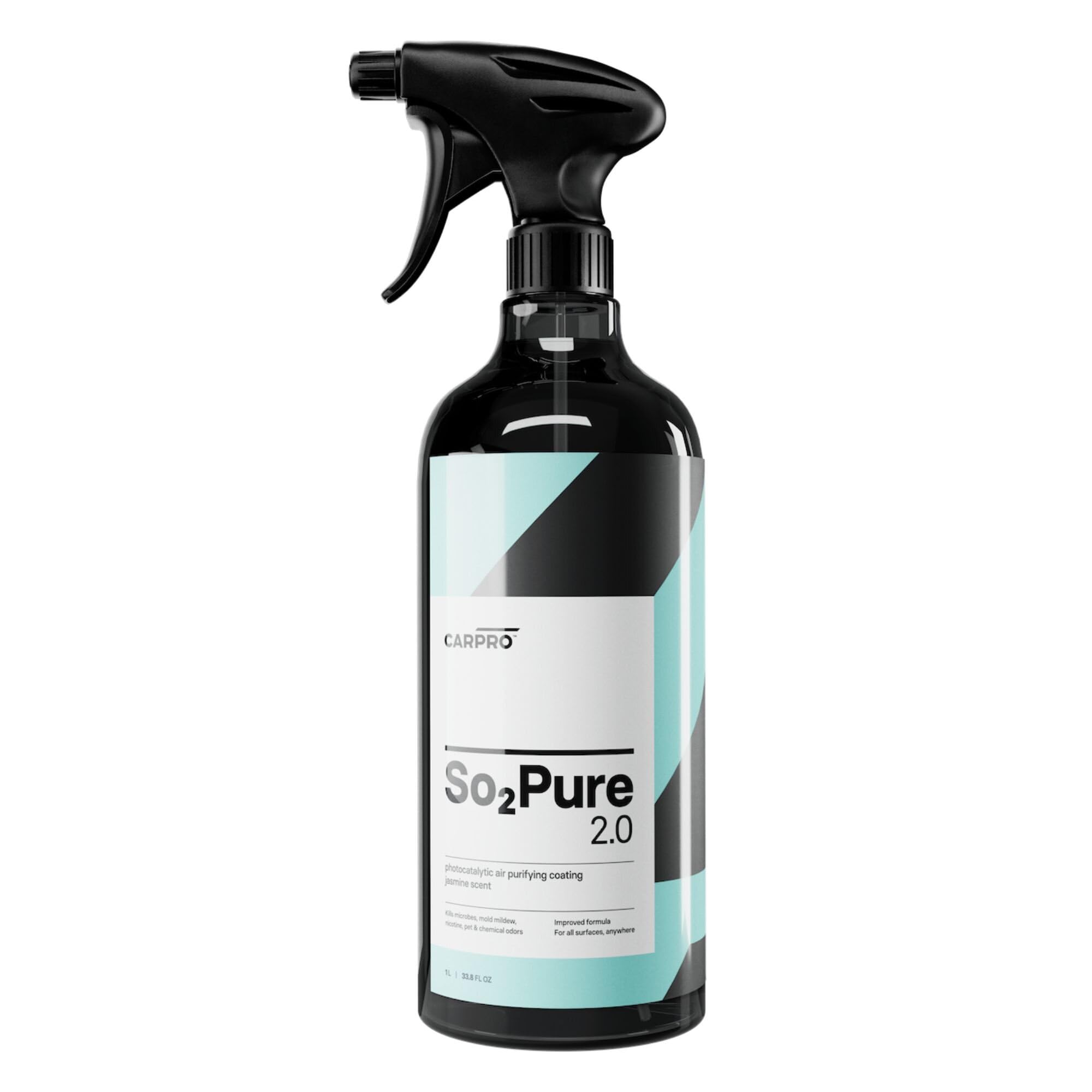 SO2Pure 2.0 Odor Eliminator - Neutralize Odors, Cigarette Smoke, Exhaust, Chemical Smell or VOCs, Even Pet Smells from Car Fabric & Plastic, Use on Any Surface, Anywhere - Liter (34oz)