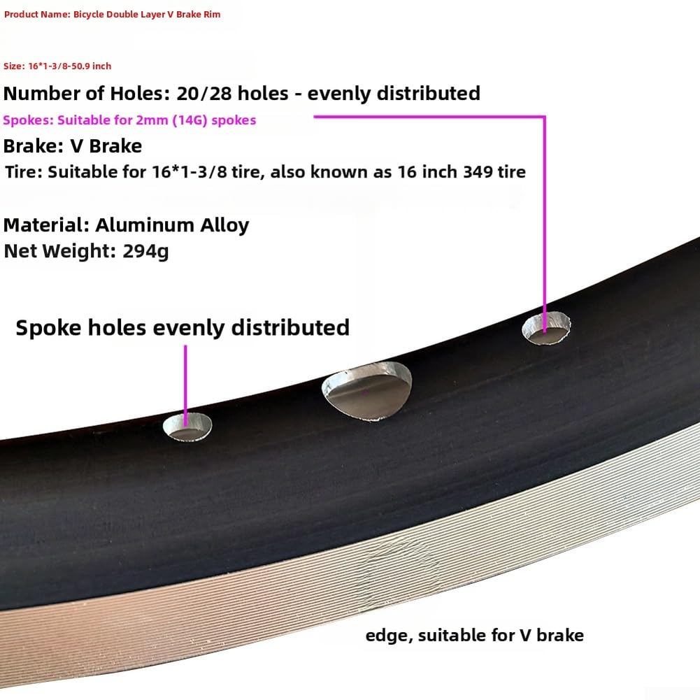 Cerchio per bici da 40,6 cm x 40,6 cm, a doppia parete, in lega di alluminio per freni a V, 20/28 fori, compatibile con bici pieghevoli Brompton, nero (28 fori 16 x 1-3/8)