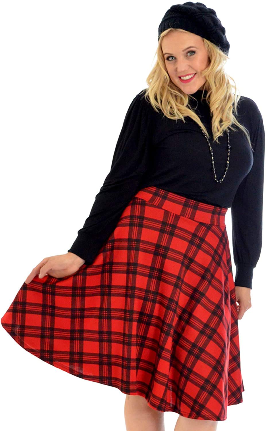Gostyles Women's Red Check Gostyles® Plain & Tartan Soft Stretch Midi Skirt, Knee-Length Elasticated Waistband Swing Style Scottish Check Skater (, 16)