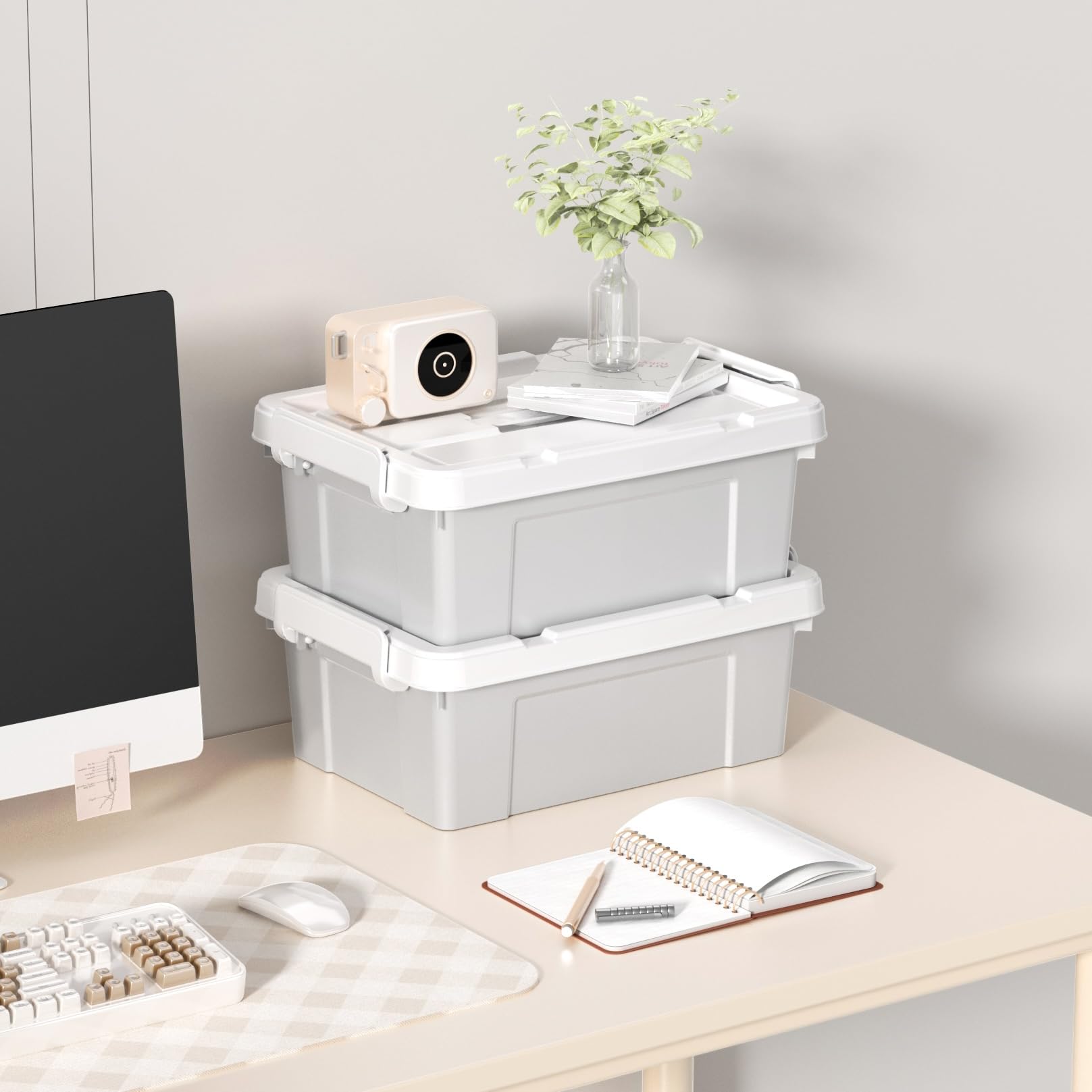 Cetomo 15L*3 Aufbewahrungsboxen, Tragbare Plastikboxen mit Deckeln, Organizer-Behälter mit Griff und Clips, Stapelbar, Ineinander Nestbar, für Zuhause und Büro, Grau, 15L-3er Pack