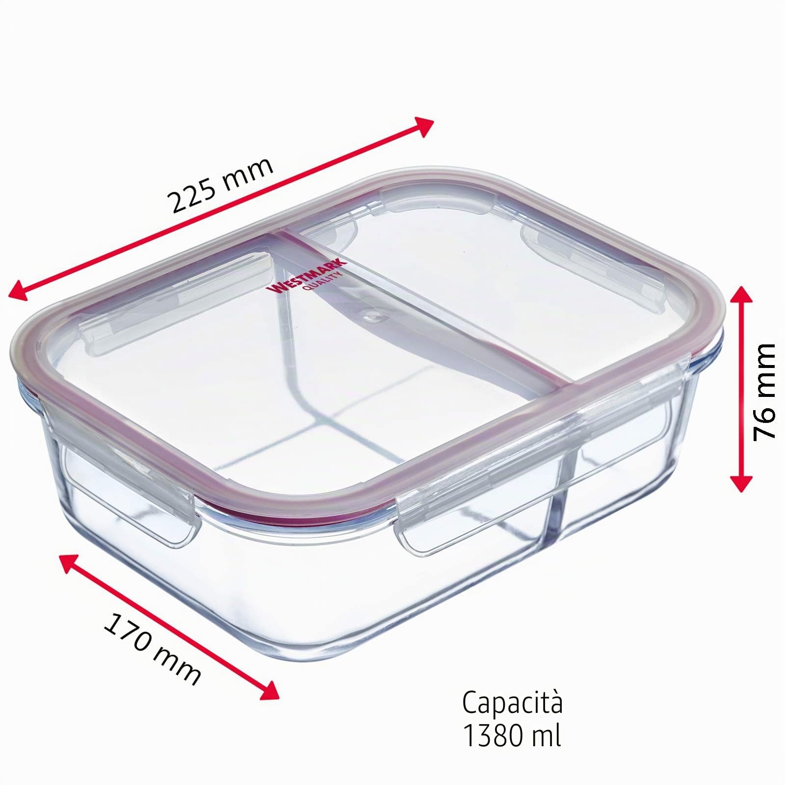 Westmark Contenitore salva-freschezza in vetro, Due sezioni, Tappo ermetico, Capacità: 1380 ml, Adatto per microonde, freezer e forno, Senza BPA, Vetro/Plastica/Silicone, Trasparente/Rosso, 234522E1