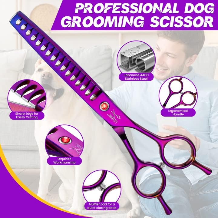 Miniatura 5 de JASON Tijera de Peluquería para Perros de 7.5" - Tijera Entresacadora Profesional con Mango Ergonómico de Acero Inoxidable Japonés para Corte de