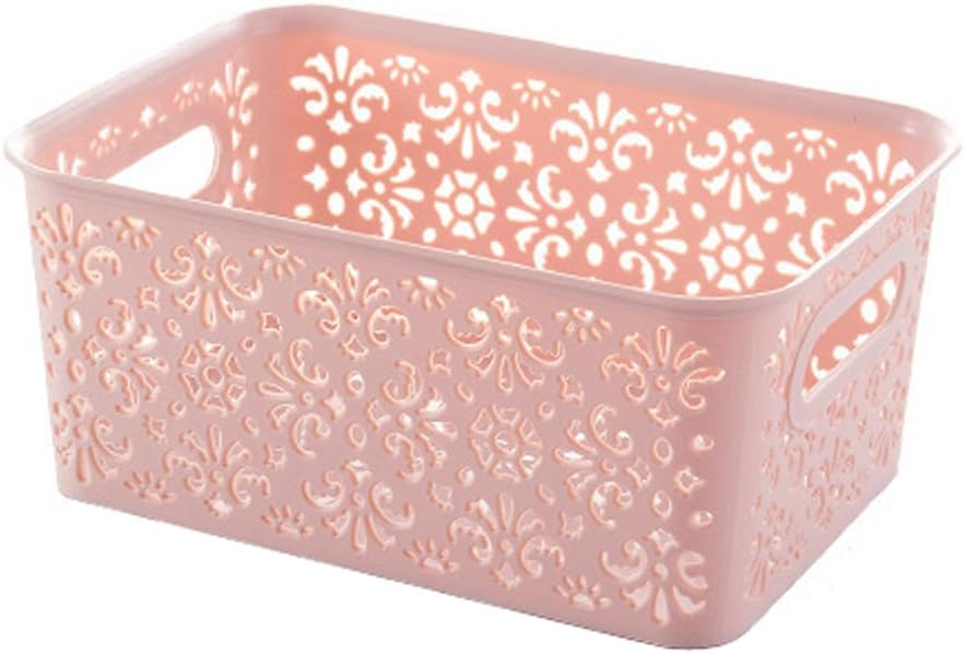 OUNONA Stackable Plastic Storage Box Hollow Out Delicate Retro Pattern Storage Basket with Lid (Pink)