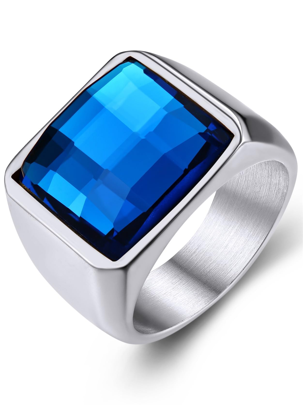 KeyStyle Square Gemstone Signet Rings for Men, Personalized Stainless Steel Pinky Ring with Black Onxy Blue Topaz Birthstone Statement Ring