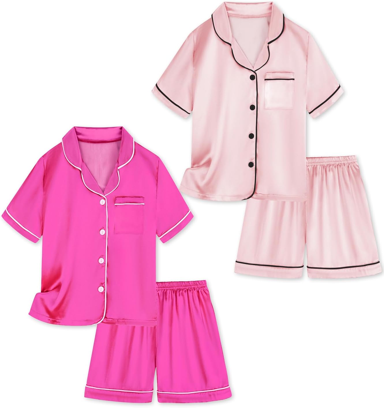 Satin Pajamas for Girls, 4-Piece Short Sleeve Button Down Silky PJ Set