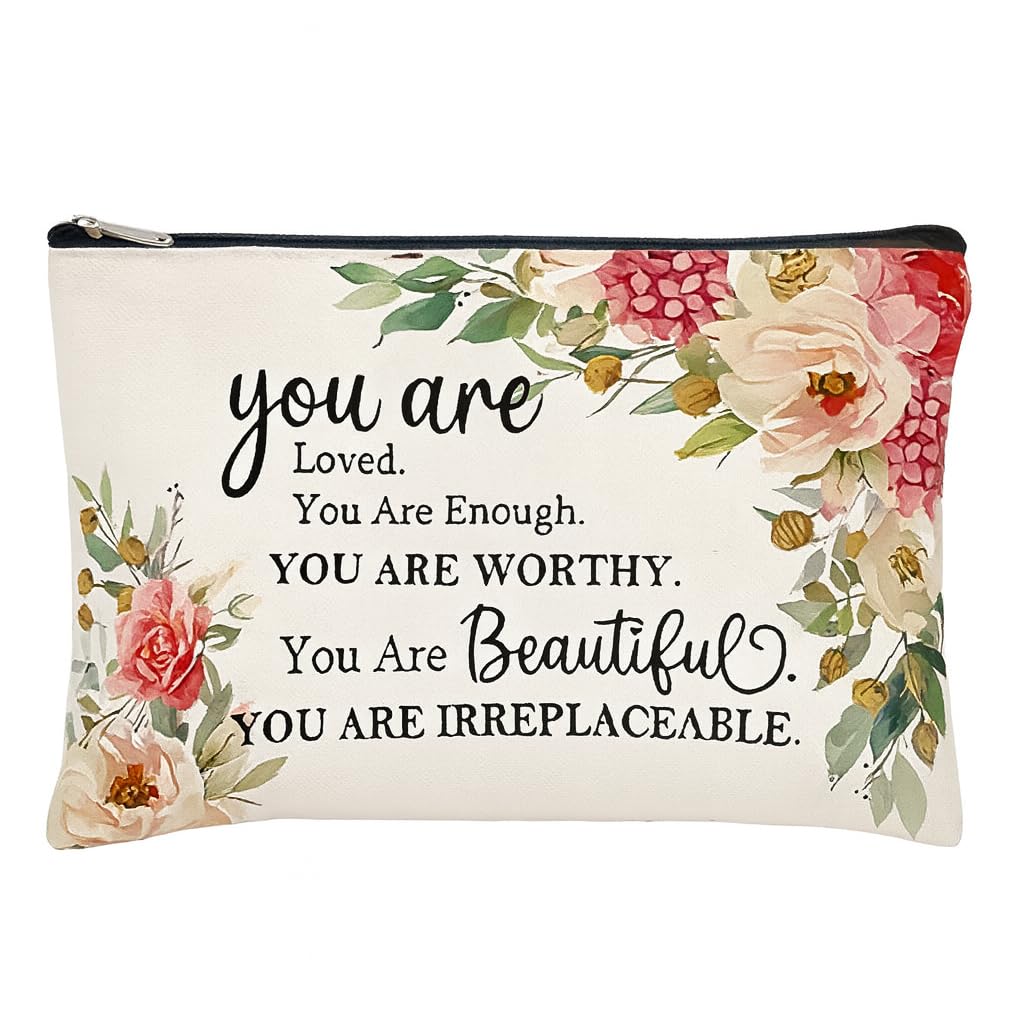 El Regalo 1 PC Canvas Cosmetic Bags Makeup Bags Travel Toiletry Pouch/ 10 x 7.5 inch Inspirational Gifts for Women Motivational Quotes Makeup Bag for Women Girls (You are Loved)-image-2