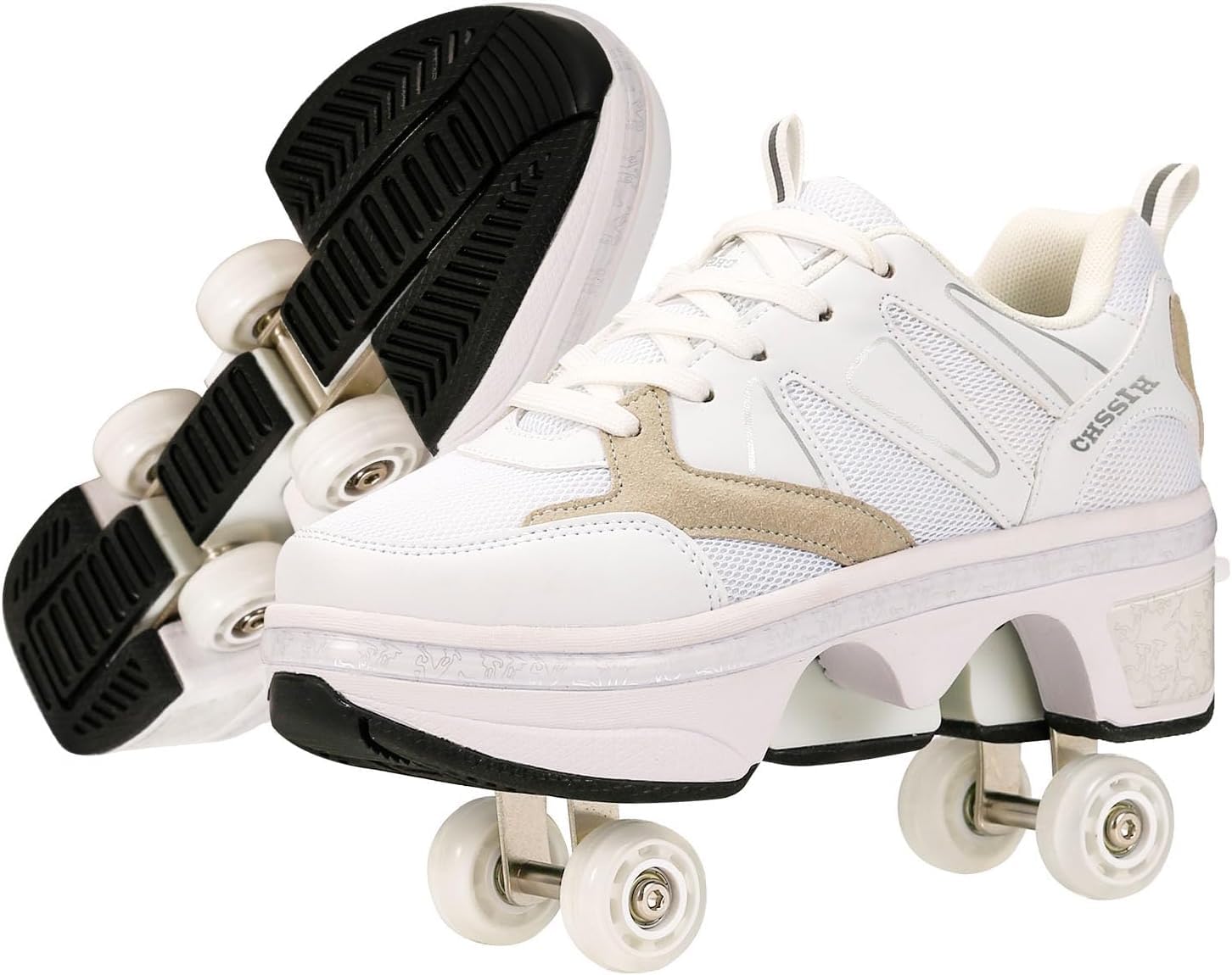 Roller Skates for Women/Girls, Retractable Kick Roller Shoes with Wheels for Men, Outdoor Quad Wheel Rink Skates Adjustable Deformation Sneakers for Adult/Boys…