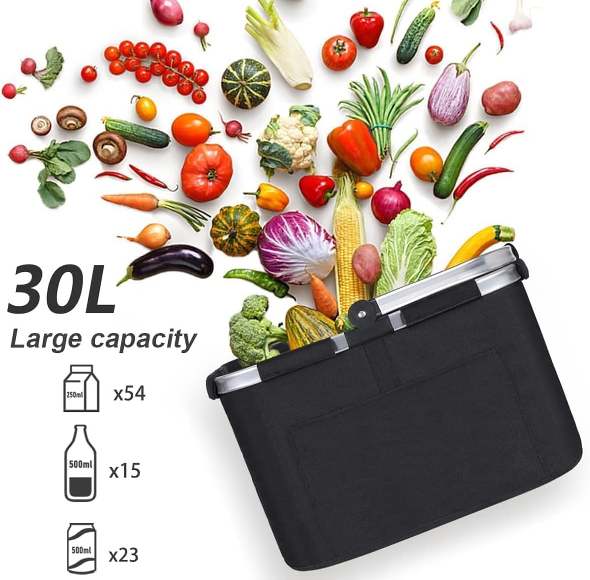 Diurwur® Cesta plegable de 30 l para la compra con tapa, cesta de picnic grande con asas acolchadas, cesta plegable con marco de aluminio, cesta estable, ideal para viajes, picnics, compras, regalo