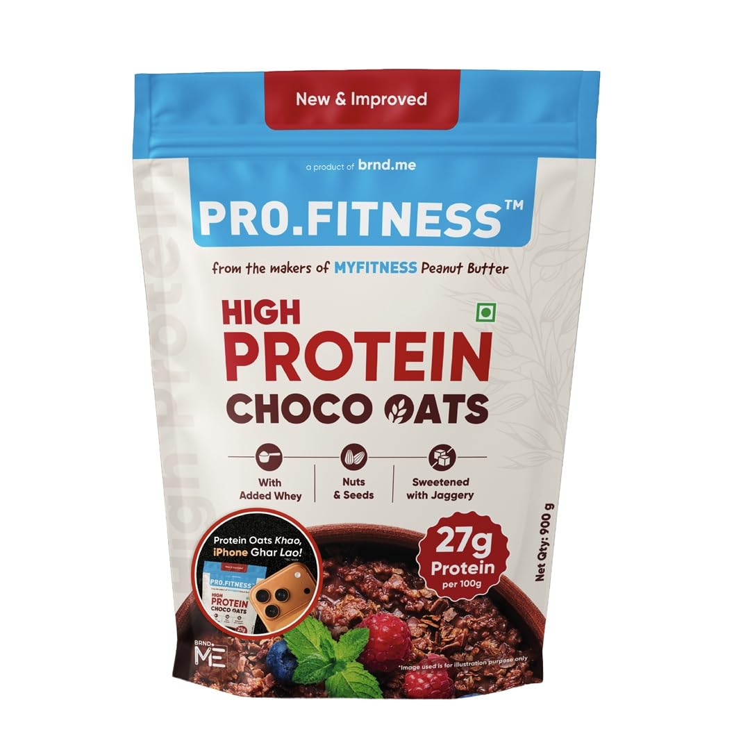 PRO.FITNESS 27g High Protein Oats 900g (By MyFitness) | Dark Chocolate Oats with Almonds, Pumpkin Seeds and Raisins| Chocolate Rolled Oats with Jaggery - No Refined Sugar | Breakfast Cereals