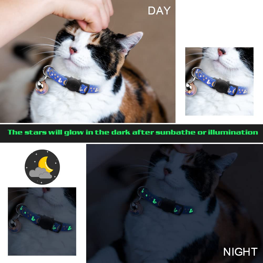 2 collares de gato con campana, lindos gatitos que brillan en la oscuridad, collares ajustables para gatitos de 7.9 a 13.0 pulgadas (azul y negro)