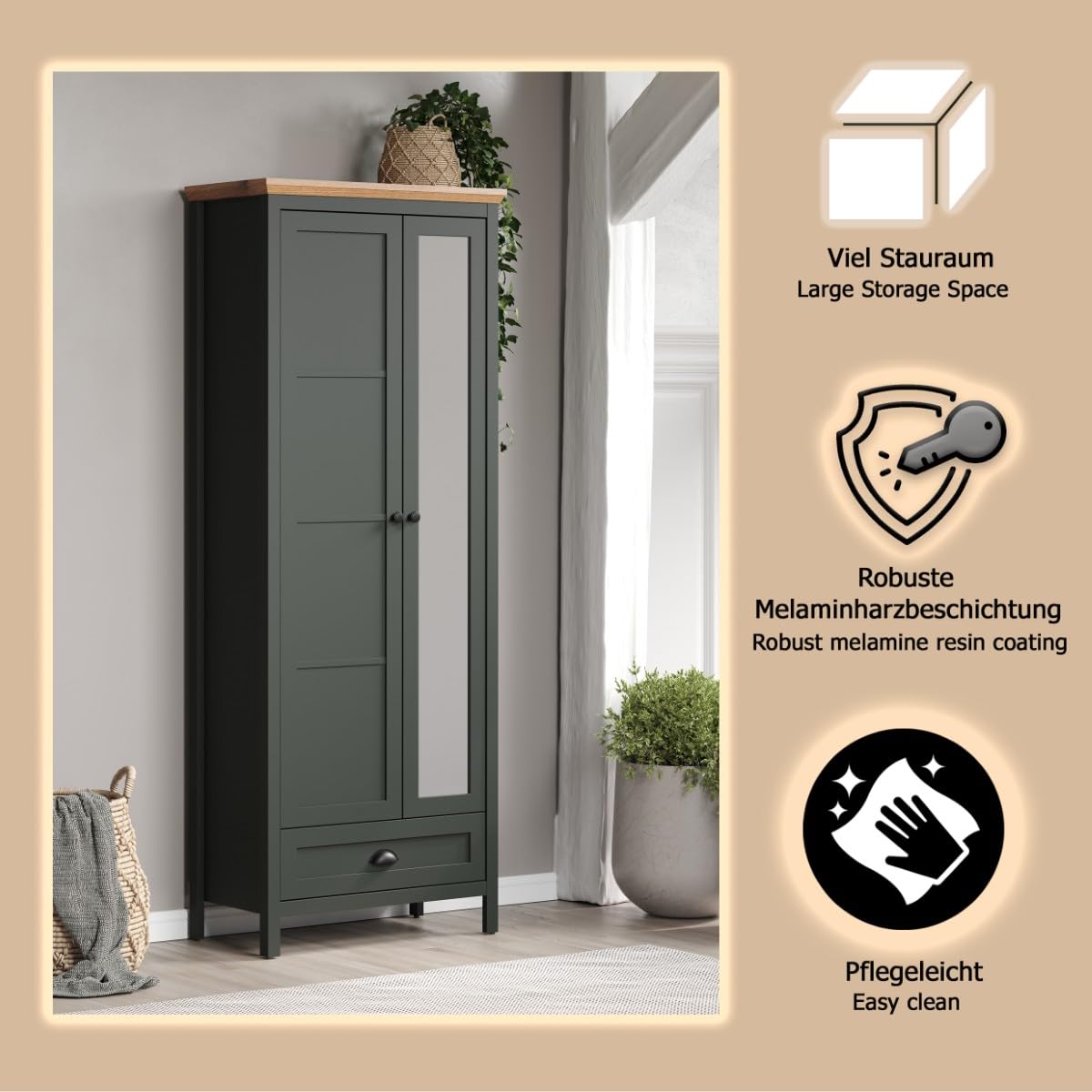 trendteam smart living - Stanton - Garderobenschrank - Tannengrün/Evoke Eiche - Flurschrank mit auziehbarer Kleiderstange - (BxHxT) 77 x 198 x 39 cm - Landhausstil