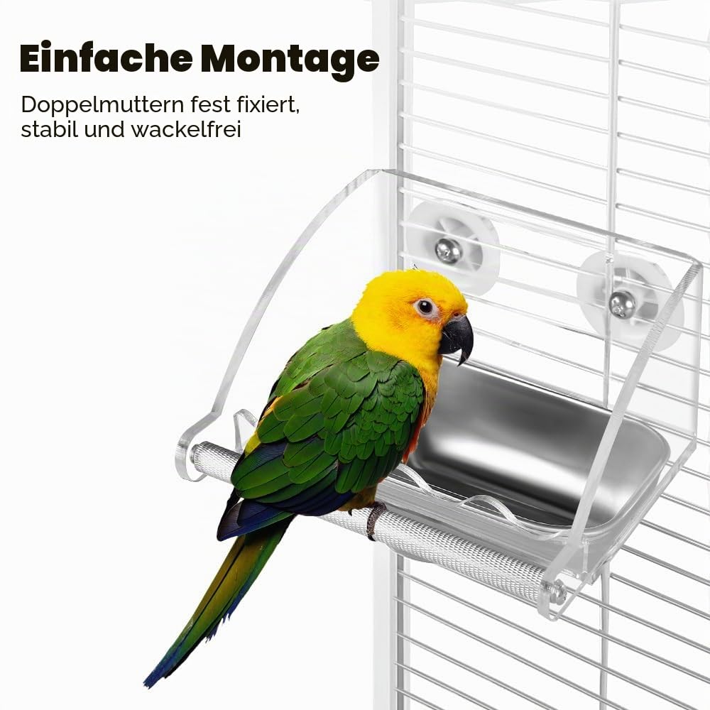 Vogelnapf für Papageien, Teilbarer Papageien-Futterbehälter, Vogel Futter- und Wassernapf mit Rutschfester Sitzstange, Hängende Sittichschale aus Edelstahl für Nymphensittiche, Unzertrennliche
