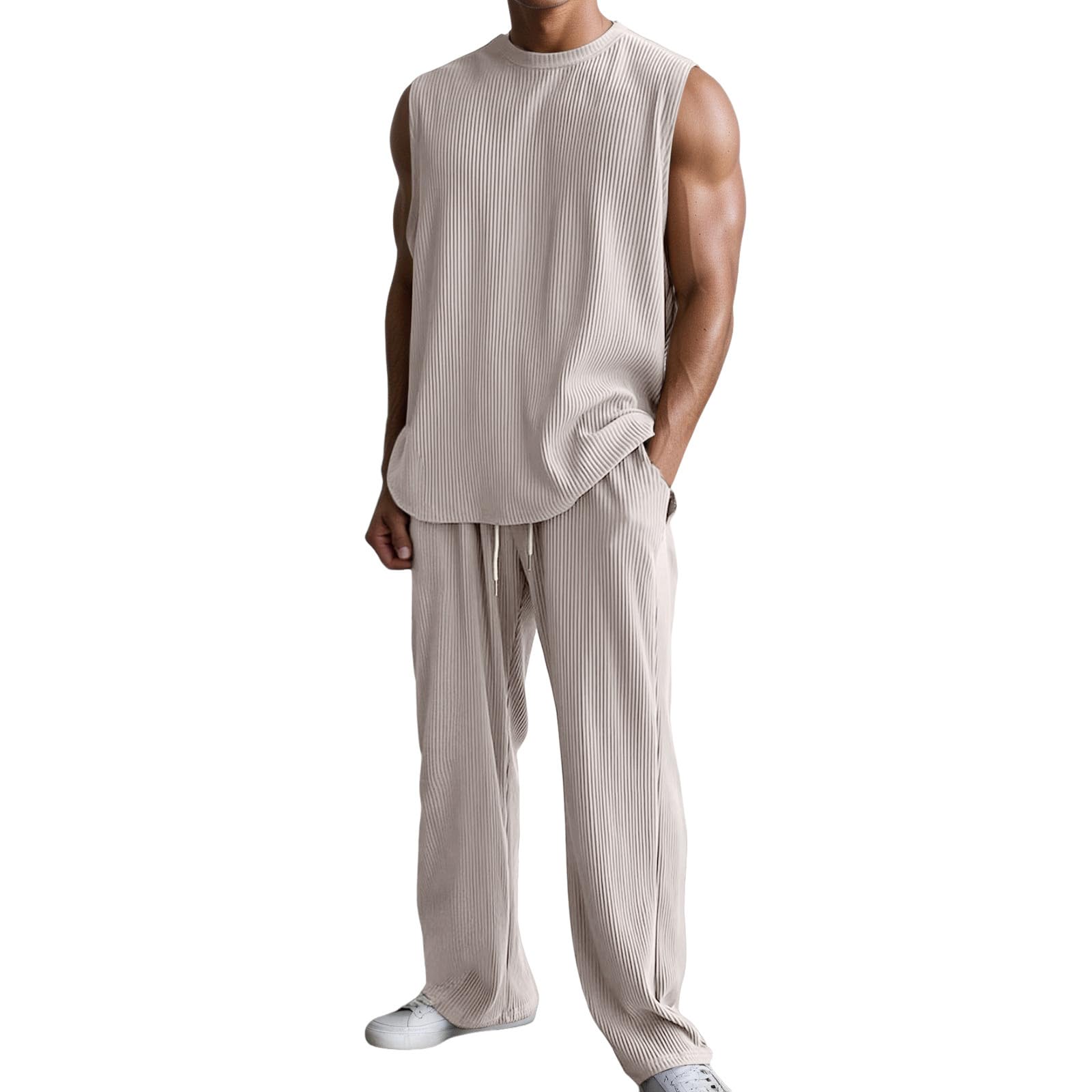 Ensemble Homme Chic 2 Pièces avec Debardeur Jacquard Uni + Pantalon Survetement Taille Elastique Ensembles de Pyjama Ete Grande Taille Tee Shirt sans Manche Oversize + Pantalons de Sport Décontracté