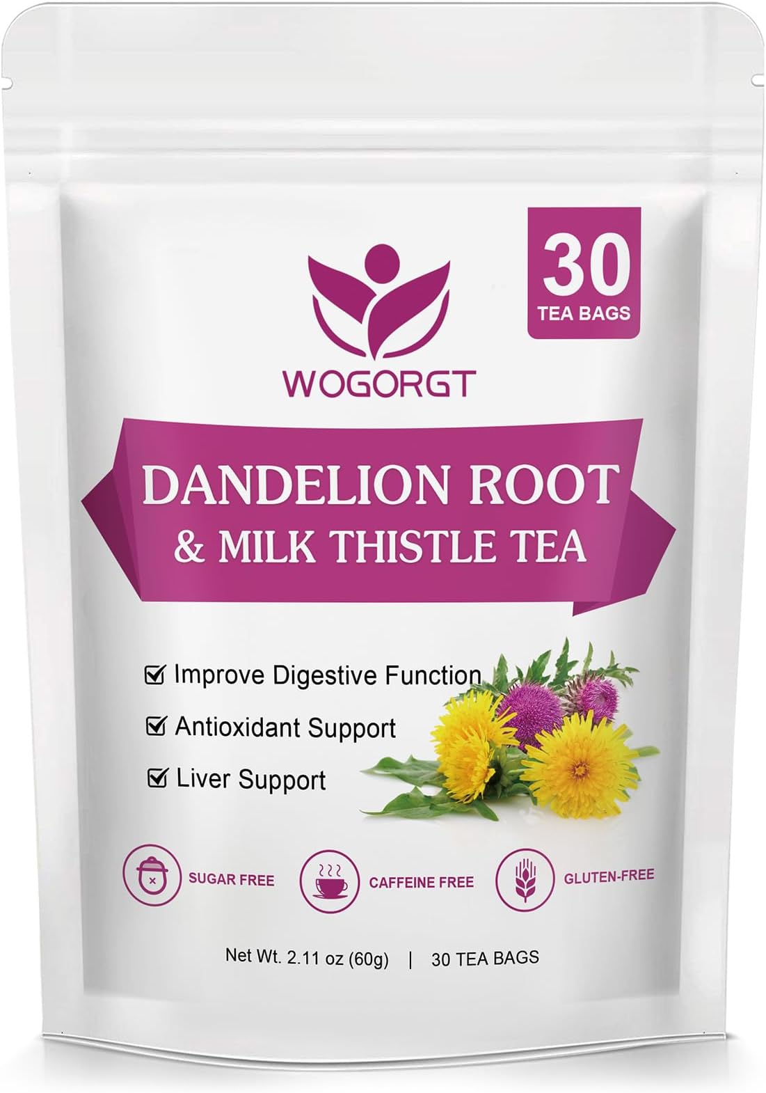 WOGORGT Dandelion Root with Milk Thistle Tea for Liver Support, 30 Tea Bags | Premium Organic Dandelion Root with Milk Thistle Tea Bags, Antioxidant and Immune Support, Caffeine Free, Vegan, Sugar Free
