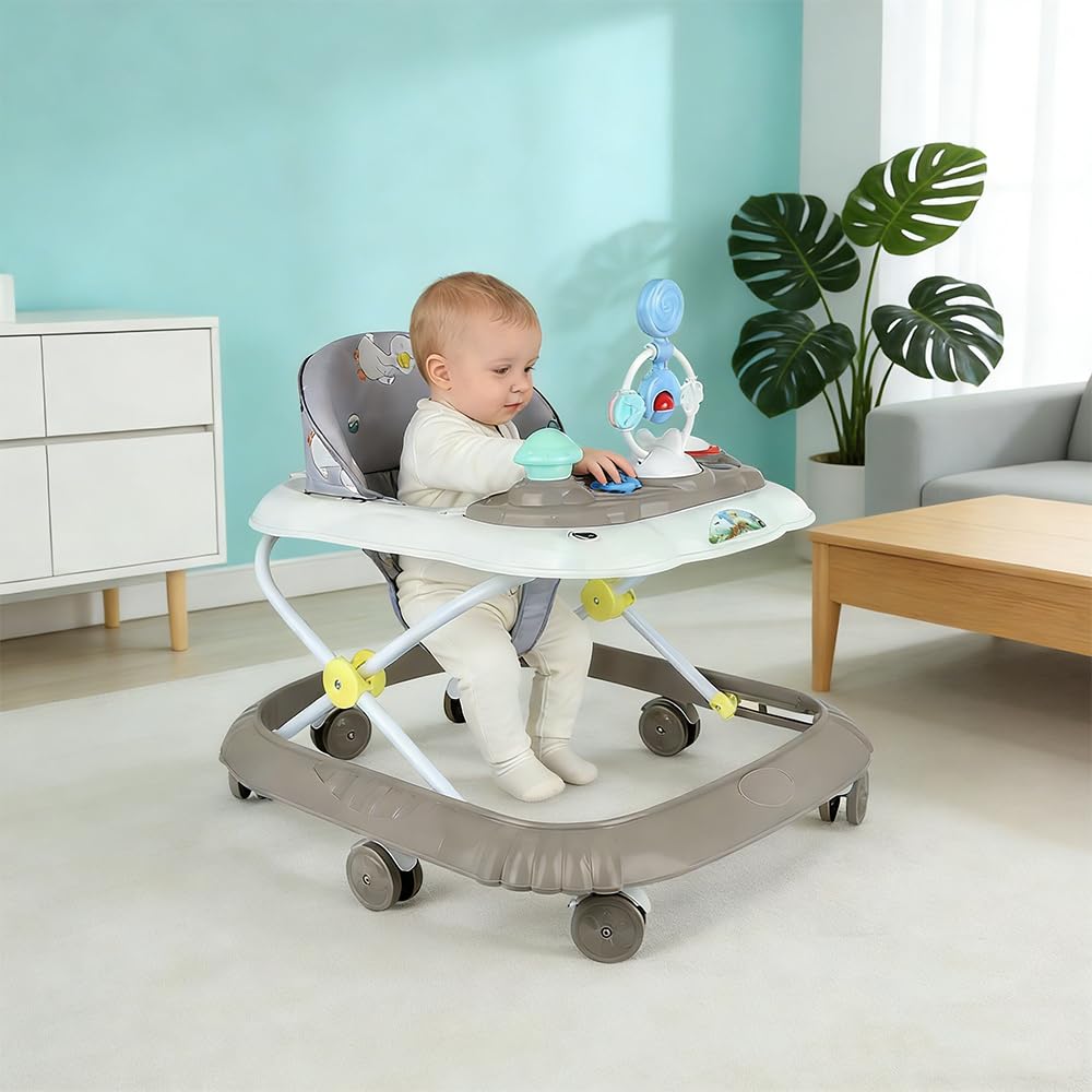 Andador de bebé, 6 meses juguetes y actividades, trotador con música y luces, asiento giratorio de 360 grados, 3 ajustable, asiento acolchado y lavable a máquina (67 * 72 * 92 cm - Caqui (B))