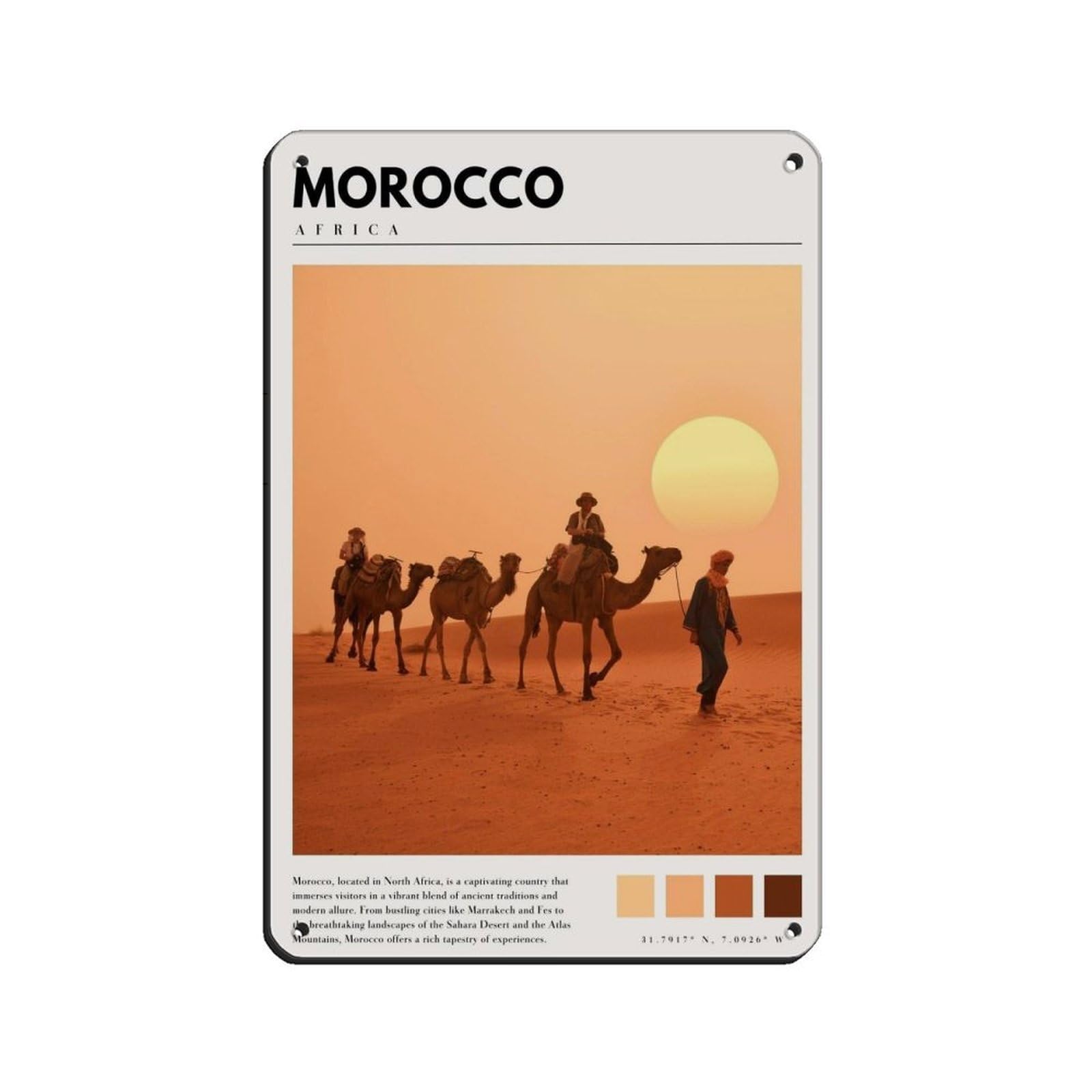Morocco Poster Morocco Sahara Desert Retro Poster Metal Tin Sign Chic Art Retro Iron Painting Bar People Cave Cafe Family Garage Poster Wall Decoration 8x12inch(20x30cm)