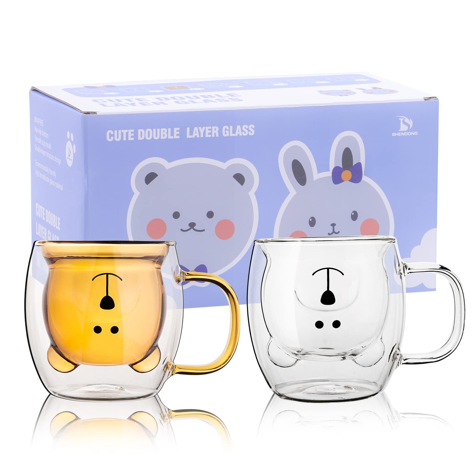 SHENDONG CUTE BEAR MUGS SET OF 2 CUPS BEAR TEA COFFEE CUP HANDLE 8.5OZ MILK CUP DOUBLE WALL