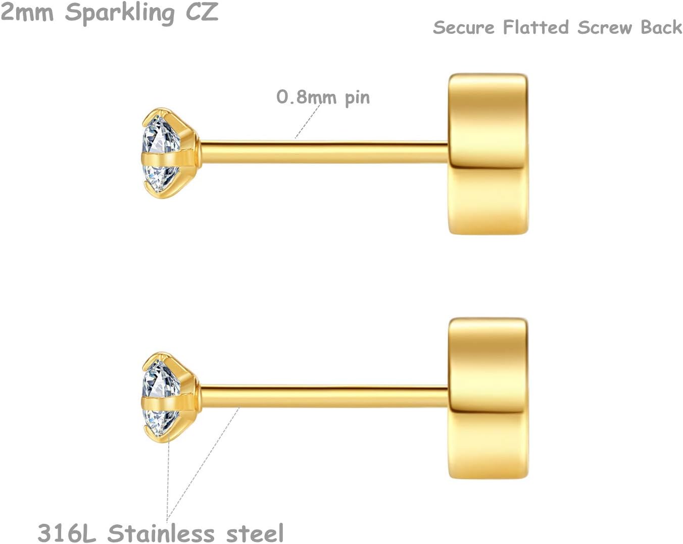 8 Pairs Tiny Flat Back Earrings for Women Men 14K Gold Plated Surgical Stainless Steel Stud Earrings Hypoallergenic Cubic Zirconia Studs Cartilage Earrings 2mm 3mm 4mm - Image 2