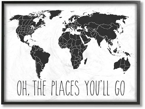 Stupell Industries Mapa en blanco y negro "Oh The Places You'll Go" - Arte de pared con letras y líneas, 16 x 20 pulgadas
