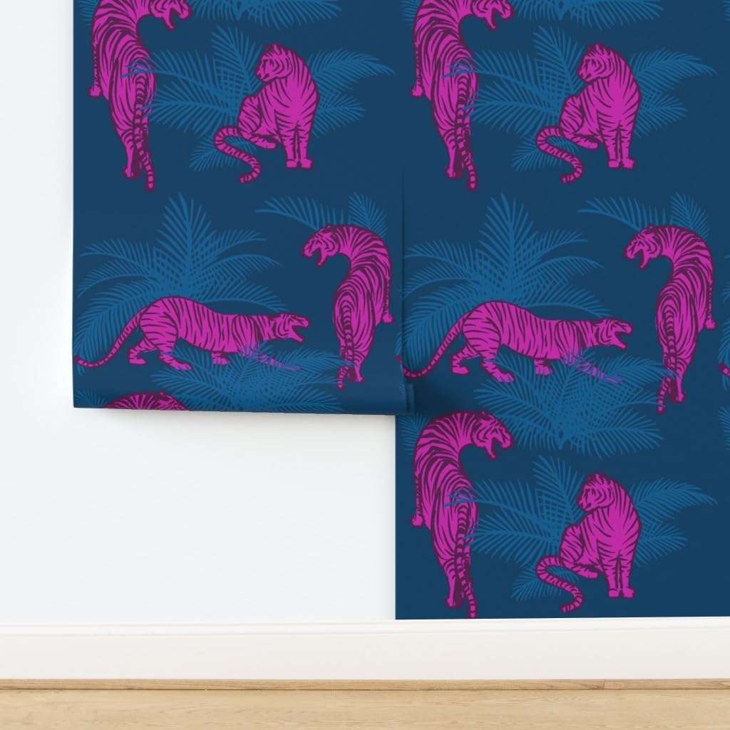 Peel & Stick Wallpaper 12ft x 2ft - Maximalist Jungle Tigers Fuchsia Blue Bright Animal Print Big Cats Custom Removable Wallpaper by Spoonflower