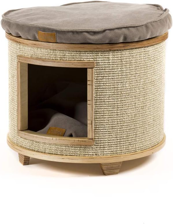Cotec Tam - Heavy Cat Scratching Post, Cat Cave, Handmade Cat Scratching Wood Trunk, Sisal Scratching House for Pets, Cat Bed with Cushion (Natural Wood / Fabric: Taupe / Sisal: Beige)