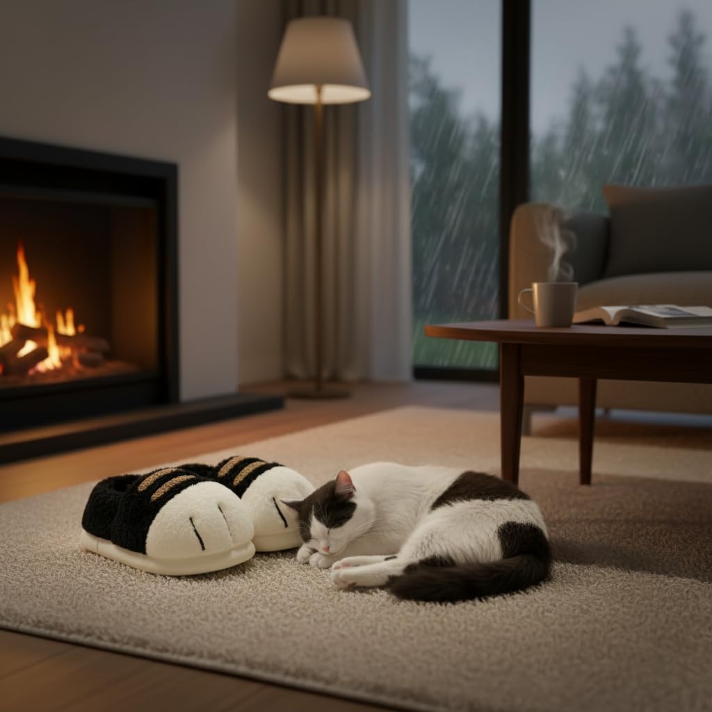 Plush cat paw slippers，non-slip soles, cozy and cute slippers