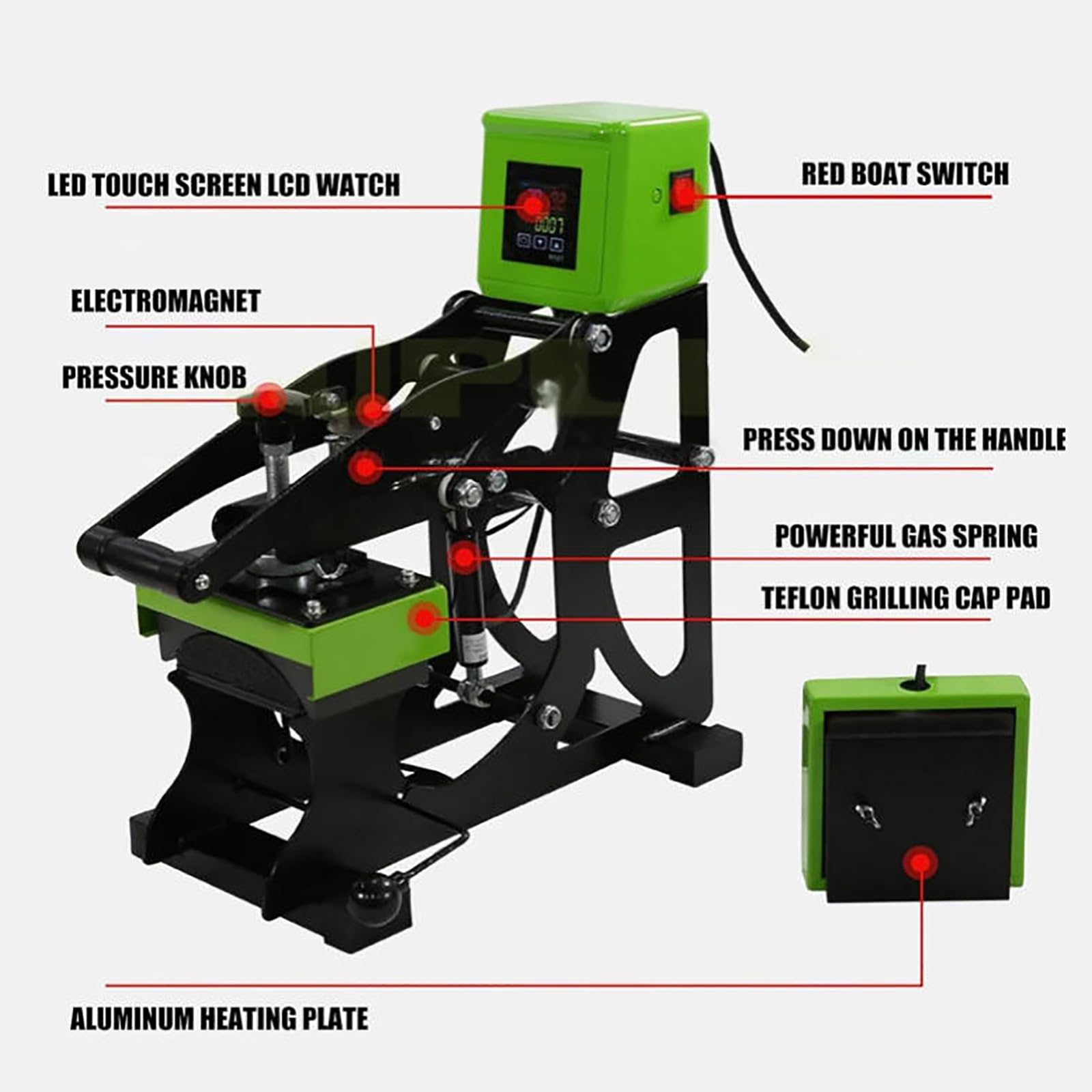 Pressa di calore con controller LED, apertura automatica, timer 0-999 secondi per cappelli, trasferimento efficiente per magliette, cappelli e altri tessuti