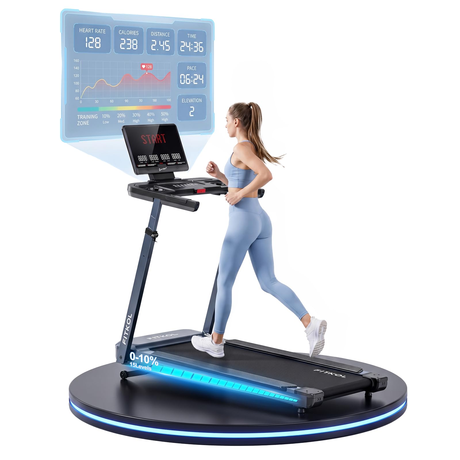 Tapis de Course Adaptatif IA - Vitesse et Inclinaison Automatiques, Coach IA en Temps Réel, Contrôle Cardiaque Intelligent, Moteur 5,0 HP, Charge Max 200 kg, pour Débutants