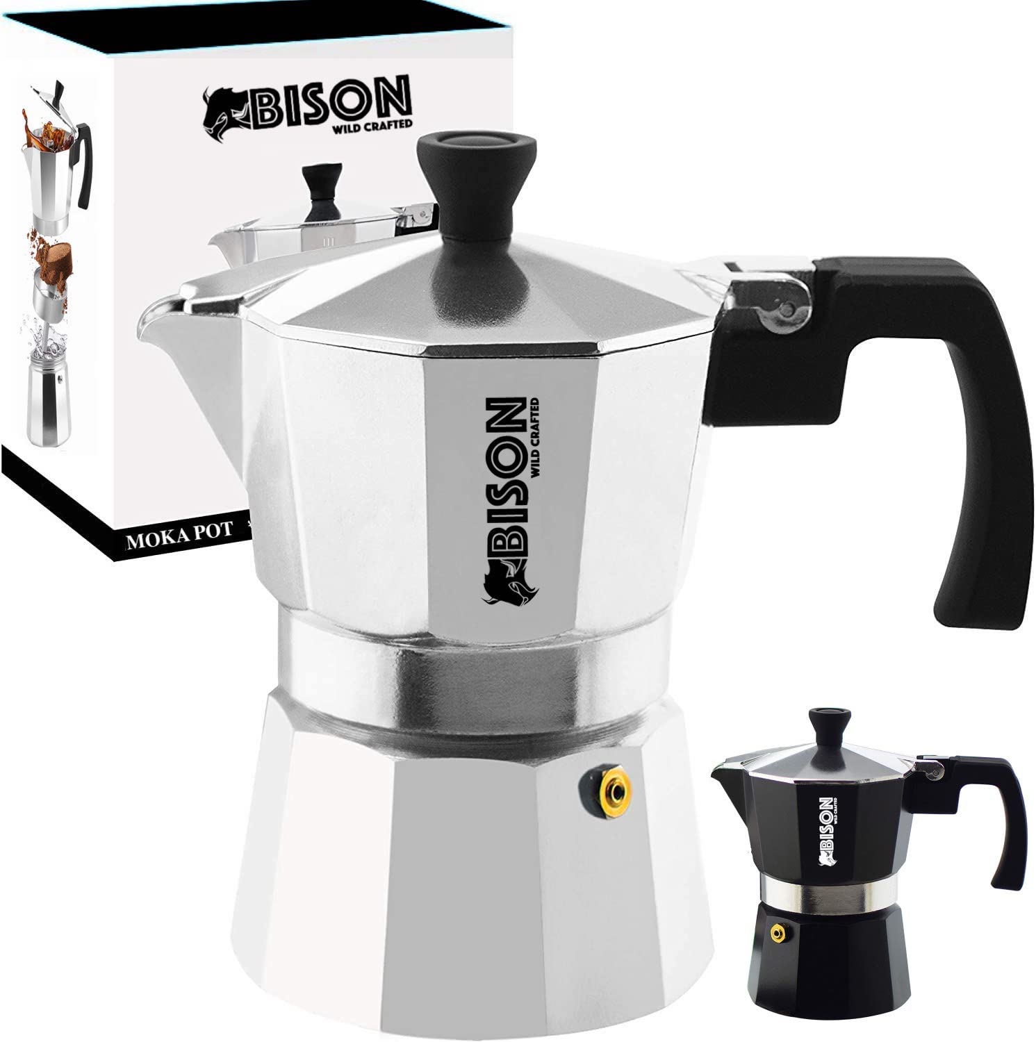 BISON WILD CRAFTEDInternational Milano Stovetop Espresso Maker Moka Pot 3 Cups, 150ml, Silver - Stove top coffee maker Moka Italian espresso coffee maker brewer percolator
