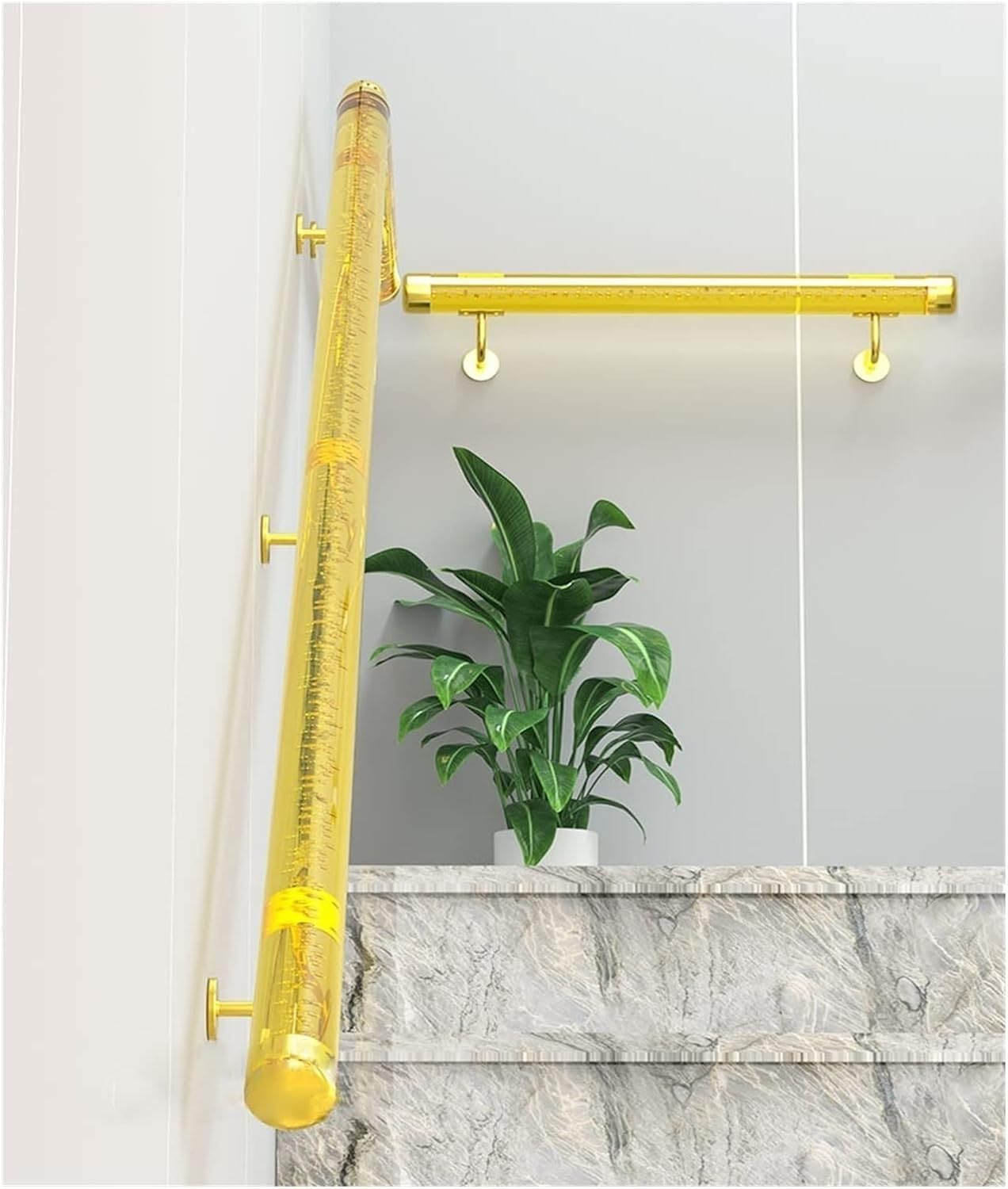 Indoor Stair Handrail Clear Acrylic Stair Railing Handrail, 0.5M-6M Long Staircase Handrails with Gold/Silver Brackets, Wall Grab Rails for Home Garden Corridor Lofts