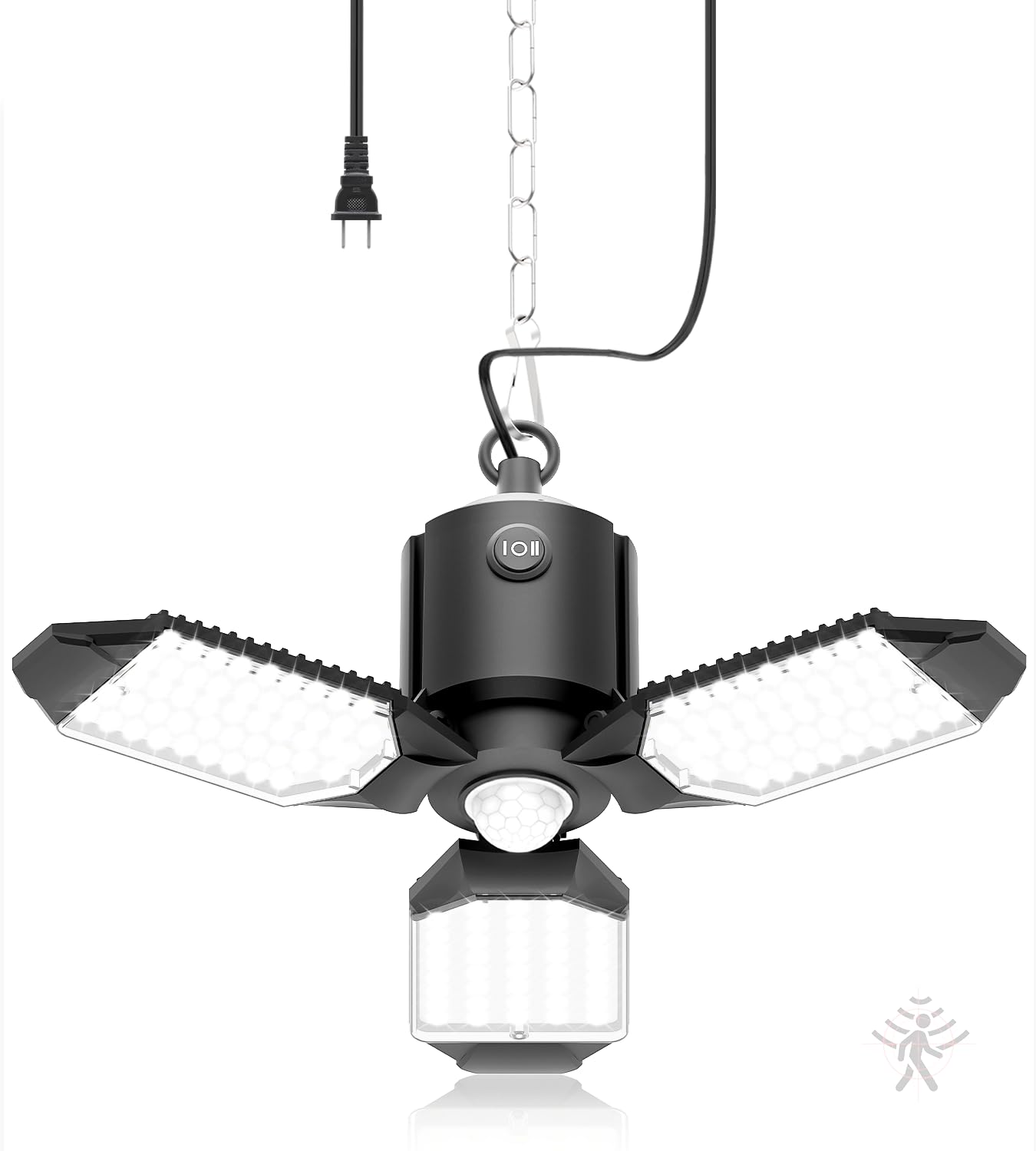 Motion Sensor Garage Light Plug in 8000LM Shop Light w 3 Modes 3 Deformable LED Panels 6500K Indoor