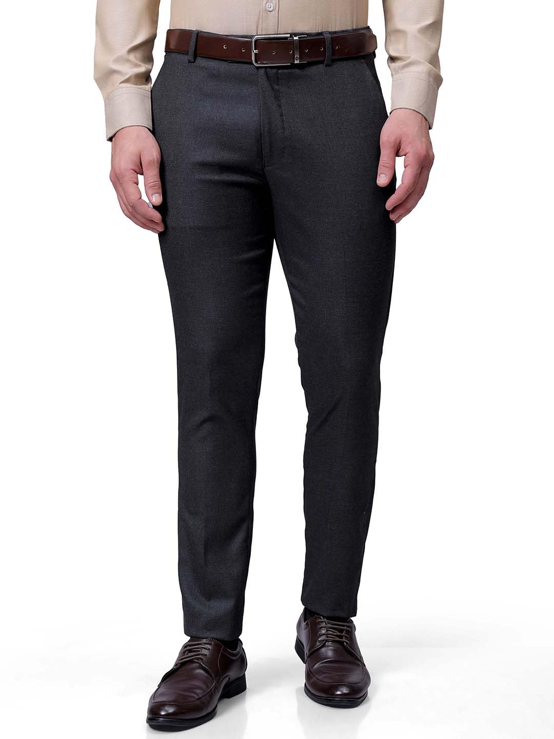 Men Mid Rise Slim Fit Self Design Mid-Rise Stretchable Formal Trousers-image-24