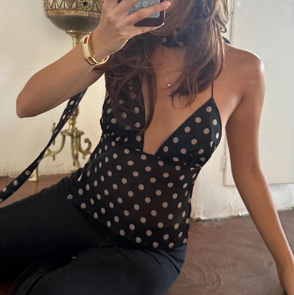 Women Polka Dot Camisole Top Y2k Halter Neck Backless Cami Tank Top Sexy Coquette Going Out Crop Tops with Scarf - Image 3