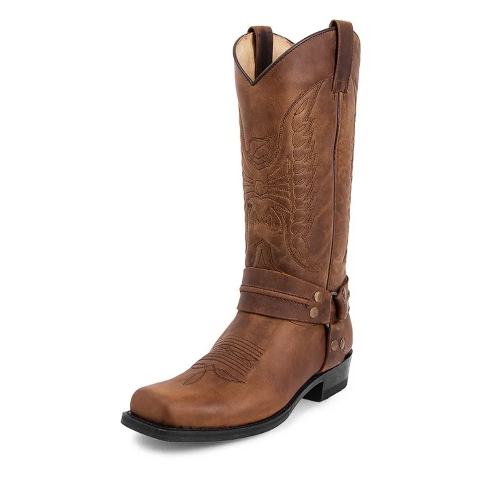 Stivali da cowboy western da uomo, stivali casual in pelle, stivali da cavaliere for uomo, stivaletti retrò ricamati a metà polpaccio, Botas Hombre
