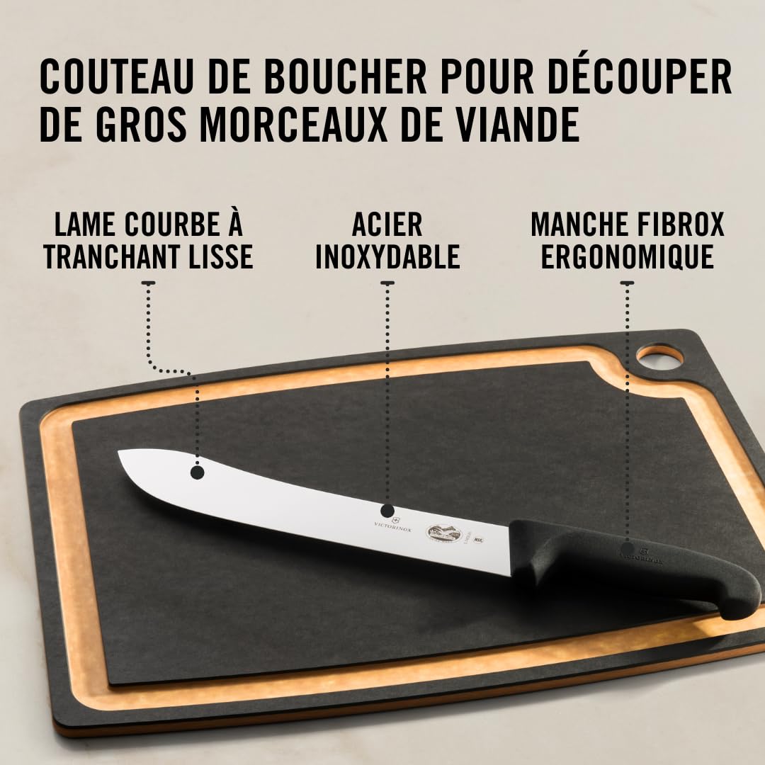 Victorinox Fibrox Couteau de boucher, Long couteau pour couper de gros morceaux de viande, 25 cm, Lame incurvée, Tranchant, Inox, Noir
