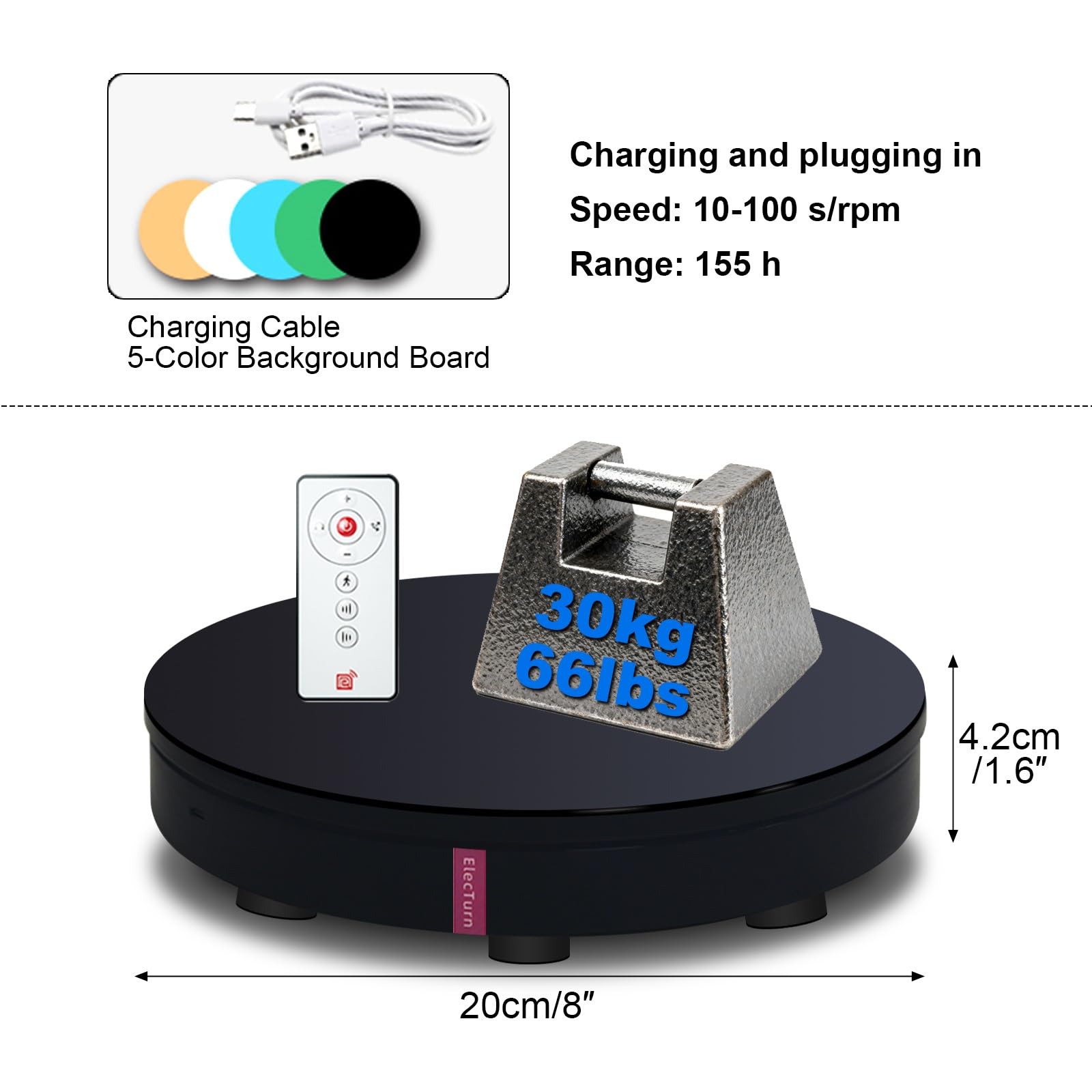 360° Base Girevole Elettrica, Piatto Girevole Elettrico, Carico 150 kg, Supporto Rotante per Fotografia, Scanner 3D, Display per Impieghi Gravosi(Black,20cm/8in)