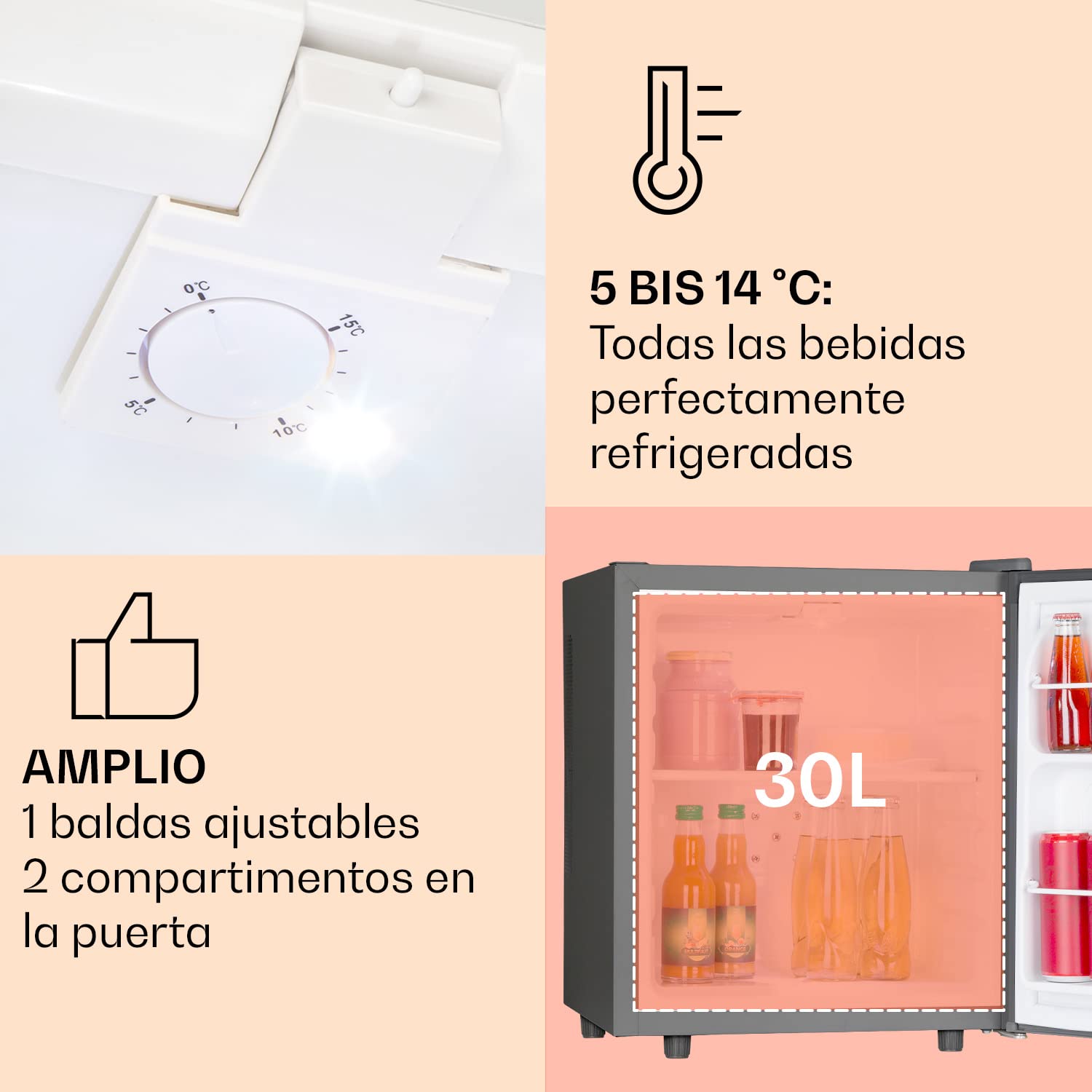 KLARSTEIN Nevera Pequeña para Habitación, Mini Nevera Comida, Bebidas, Cerveza, Cosméticos, Frigirificos Pequeños Temperatura 5-15°C, Neveras Pequeñas 30L, Estantes Ajustables para Casa y Oficina